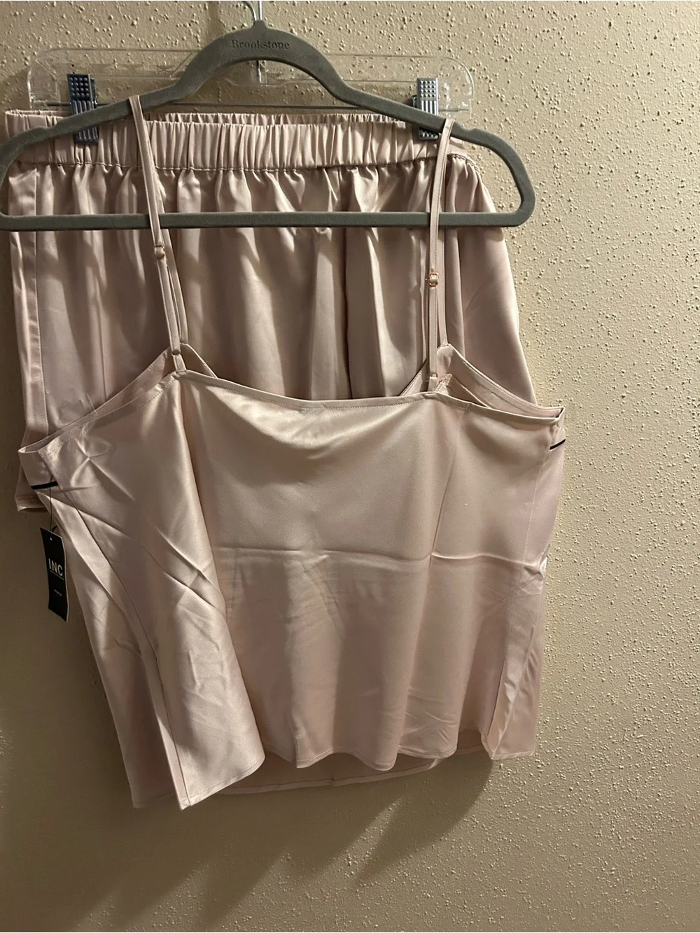 INC International Concepts Light Blush Satin Cami and Shorts Set with Black Trim - Picture 4 of 6